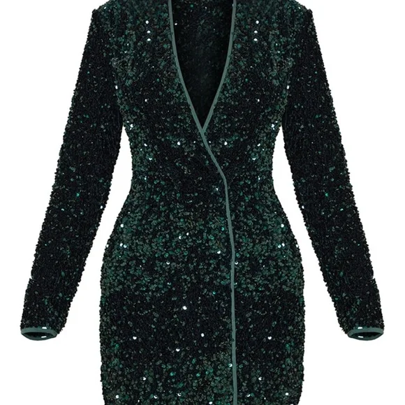 green emerald velvet dress Embellished Sequin Bishop Sleeve Maxi Dress - Emerald Green